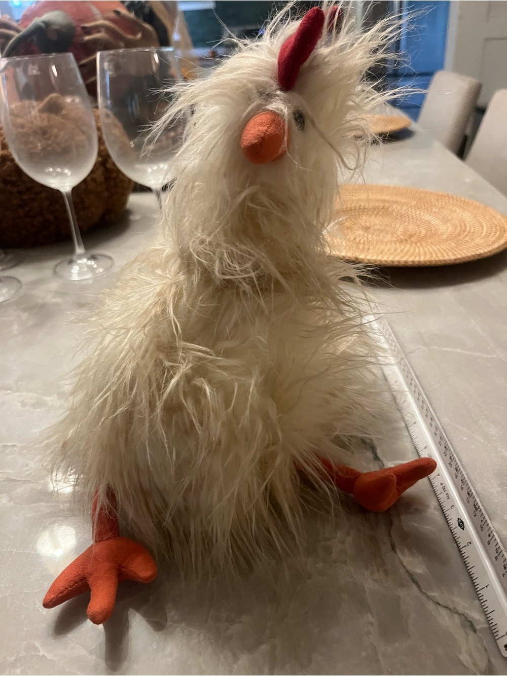Plush Fluffy cChicken Pet Toy - White with Orange Accents